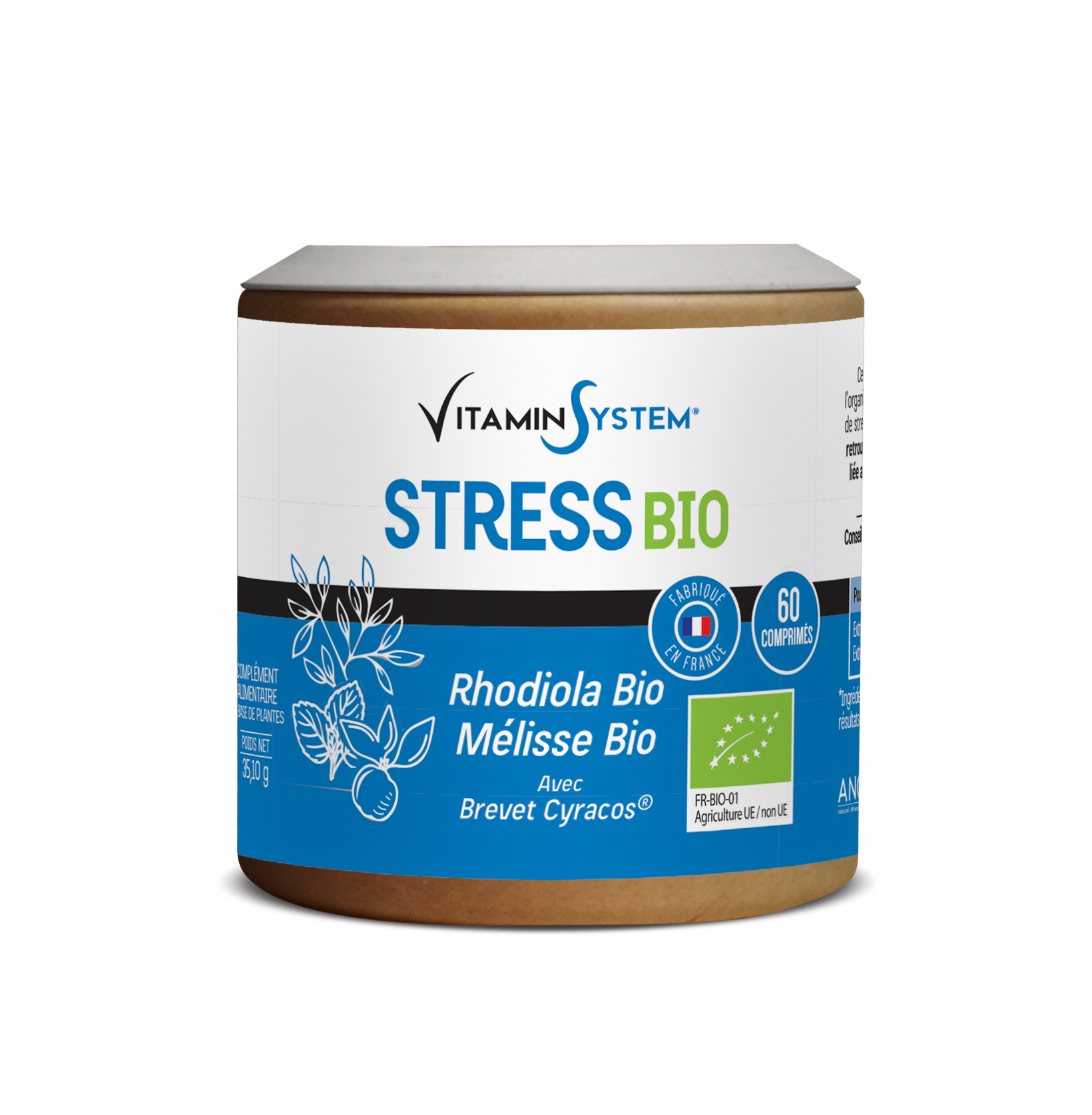 60 comprimés naturels de rhodiola et de mélisse bio pour le stress et l'anxiosité